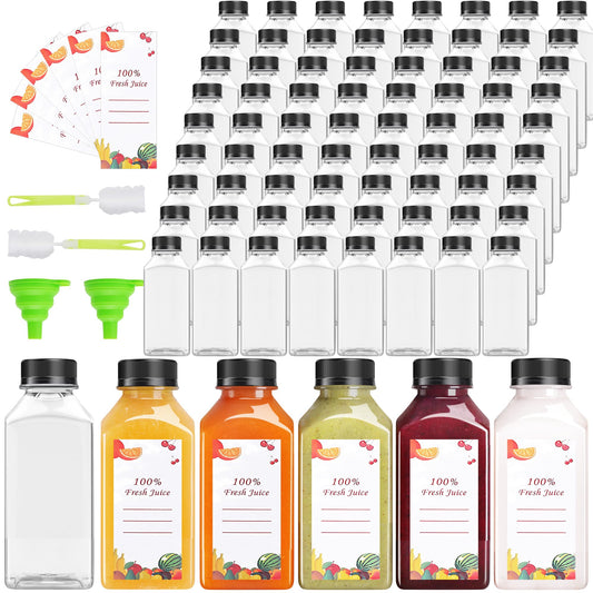 OBKJJ Plastic Juice Bottles 240 pcs 8 oz Empty Plastic Water Bottles with Caps Reusable Clear Beverage Containers for Drinking, Juicing, Smoothie, Water with 2 Brushes, 2 Funnels