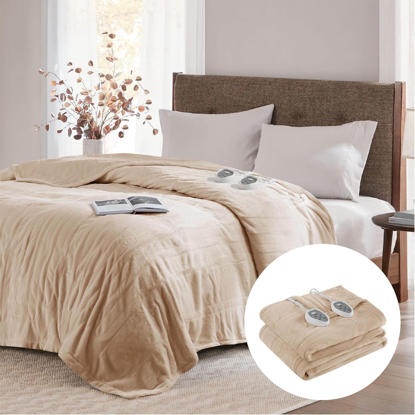 Electric Blanket Queen Size | Dual Control W/Auto Shut Off | microplush Heated Blankets for Bed | Machine Washable | UL Certified -Caramel 8