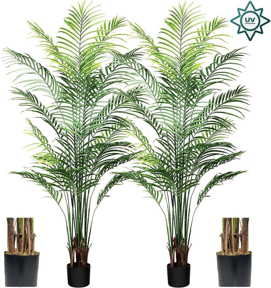 Artificial Areca Palm Plant 5ft Fake Palm Tree with 15 Leaves Set of 2 Pre-Potted Fake Palm Trees for Indoor Outdoor House Home Office Housewarming