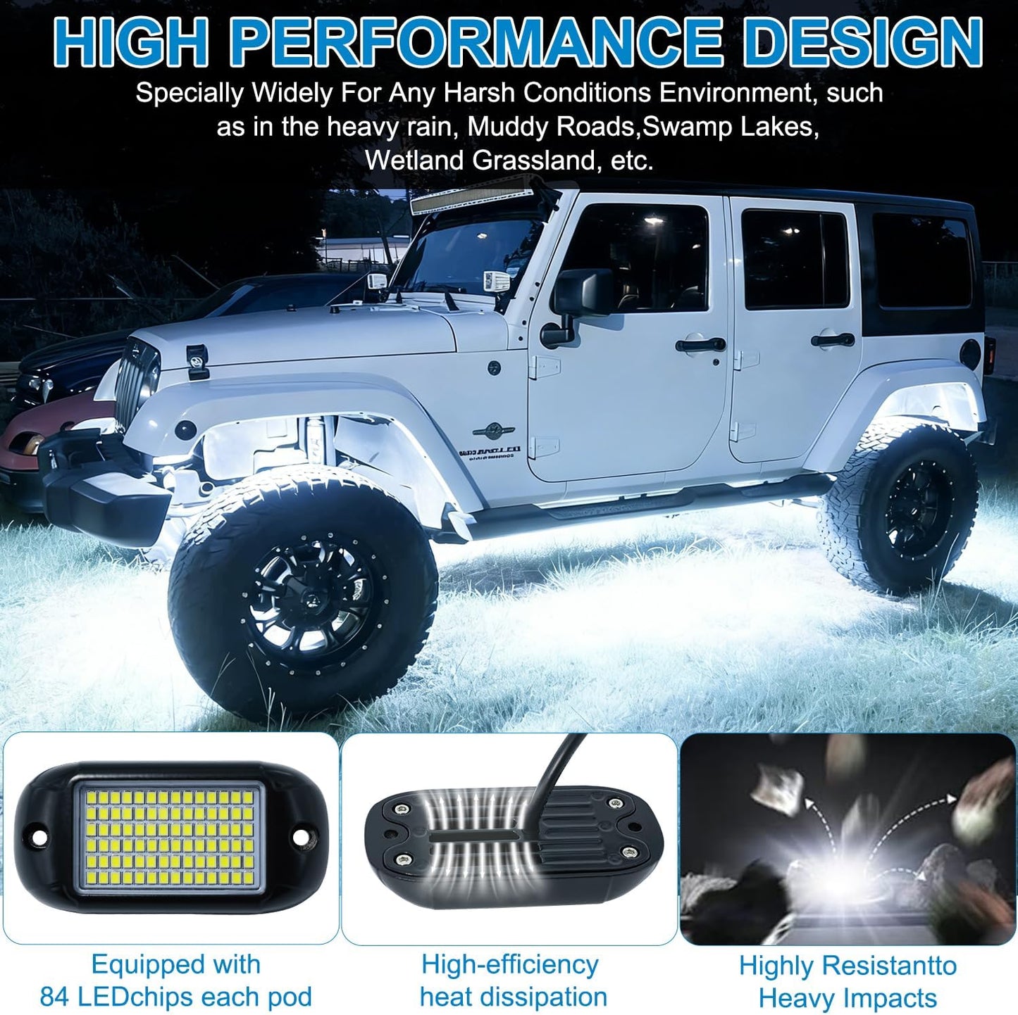 84 LEDs per pod Metal Aluminum Pure White Rock Lights 6000k Neon underglow Light IP68 Waterproof for Bike Motorcycle Pickup Trucks SUV ATV Pack 8