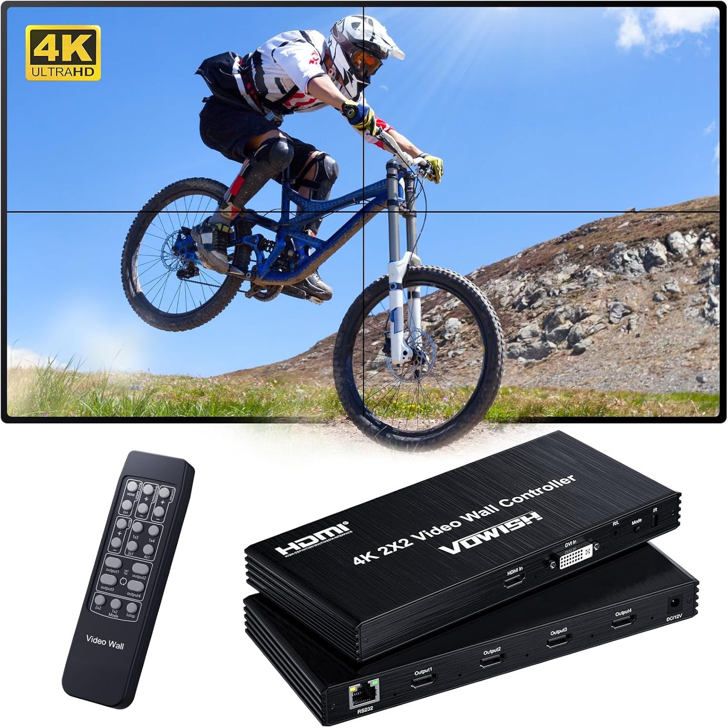 Vowish 4K 2x2 Video Wall Controller, HDMI & DVI Input Video Wall Processor with 8 Display Modes, Support 180 Rotation, RS232 Control for Sports Bar,