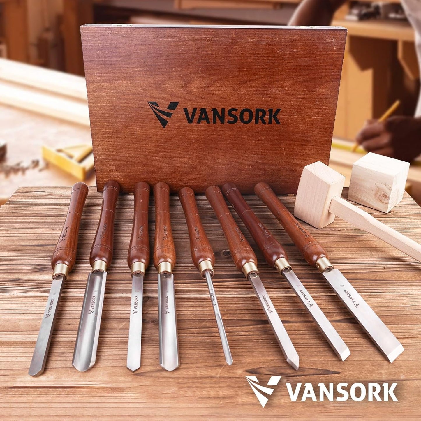 8-Pieces HSS Chisel Set and Wood Lathe Tools for Woodworking Projects w/ Wooden Box