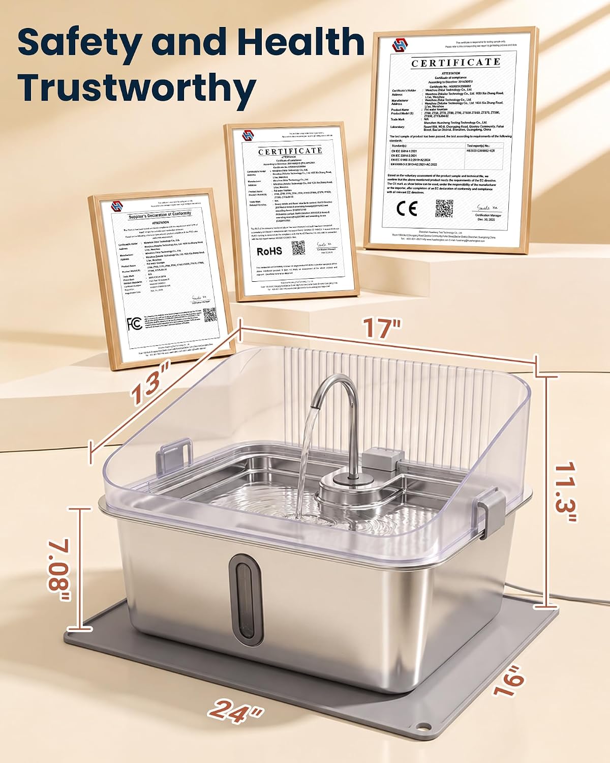 4.76 Gal Dog Water Fountain for Large Dogs, Stainless Steel Pet Water Dispenser with Splash Guard, Large Capacity Dog Bowl with Visible Window, Quiet Pump, 3 Filters and Silicone Mat, Metallic Silver
