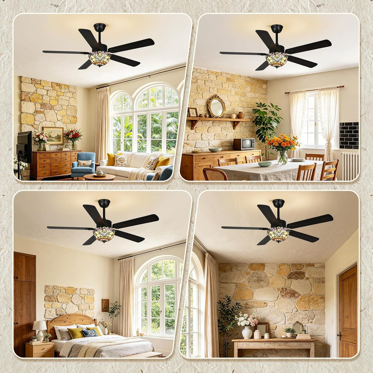 Stained Glass Ceiling Fan with Light, 52" Vintage Fandelier Fan with Remote black