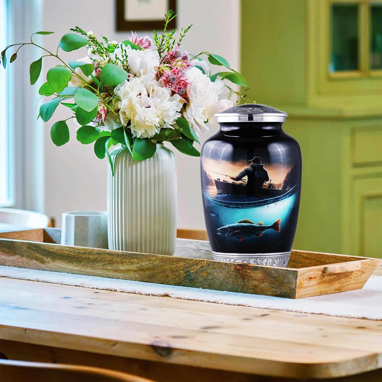 Handmade Adult Fishing Urn for Human Ashes – Large Cremation Urn for Men & Women with Velvet Bag, Memorial Funeral Urn for a Loved One,200Cubic Inch(Fishing Black, Adult) Fishing Black Adult