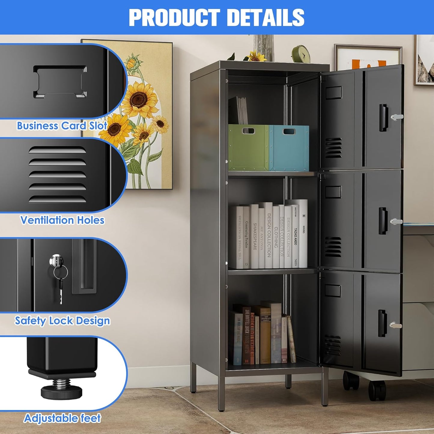 Metal Locker with Ventilation Holes, Metal Storage Cabinet with Lock and Card Slot for Home,School, Office, Garage,47.3" H x 15.8" W x 15.8" D,Assembly Required,Black Black 47.3"-3 Doors