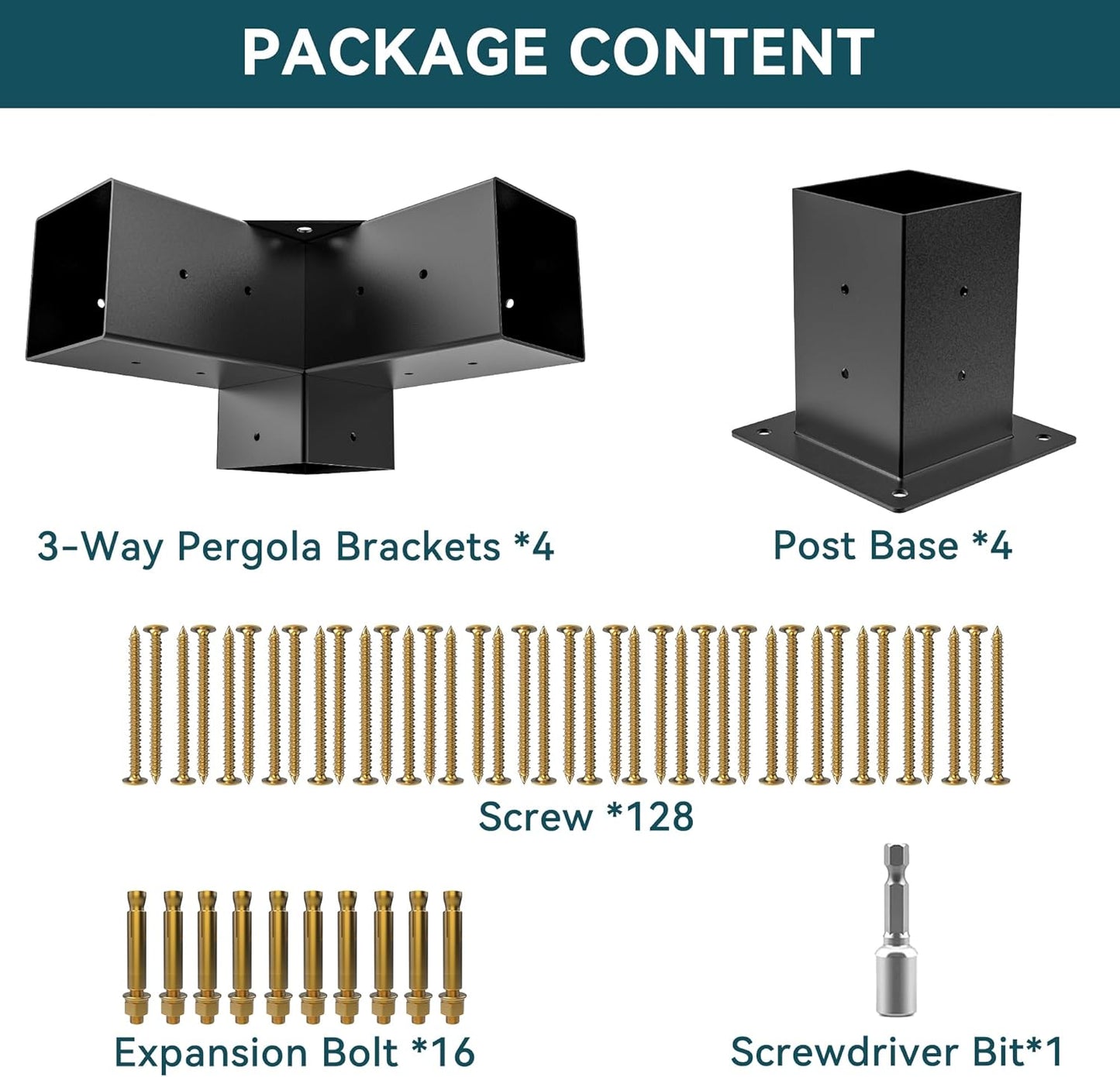 4'x4' Pergola Bracket Kit, with 3-Way Pergola Brackets & Post Bases for 4'x4' (3.5'x3.5' actual) Lumber