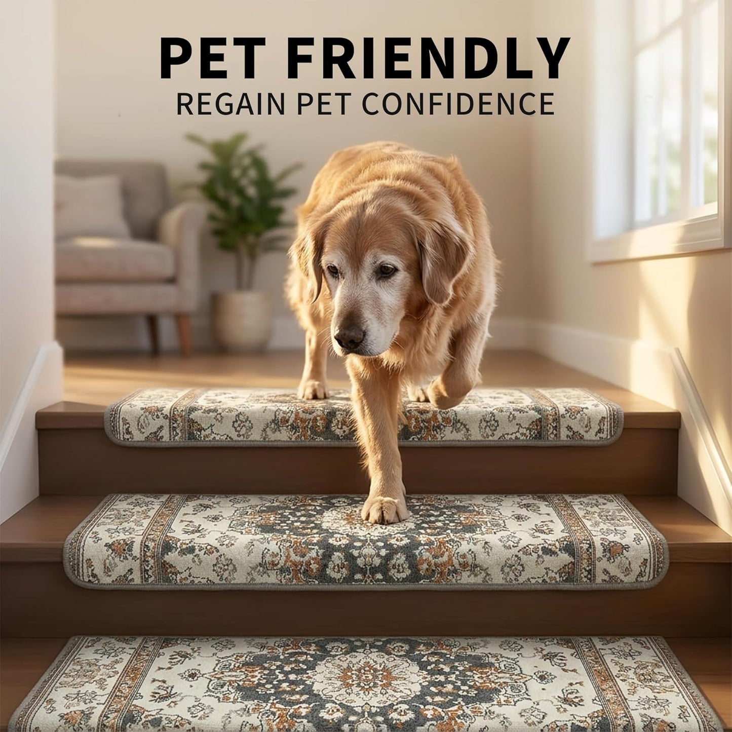 Bullnose Stair Treads, 14 Pack 30 x 9.5 Inch Non-Slip Carpet Mats for Wooden Steps, Protective Indoor Stairway Covers with 1.5" Edge Protection for Kids, Seniors and Pets Brown 14 PIECES