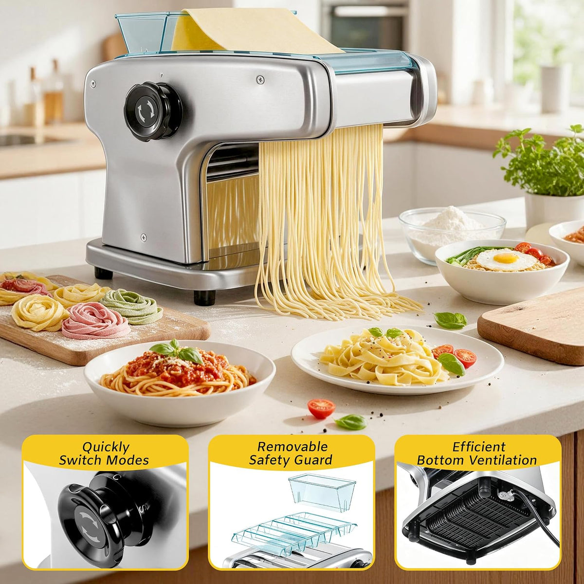 Dyna-Living Electric Pasta Maker Machine Dough Sheeter, 4 Types of Noodle