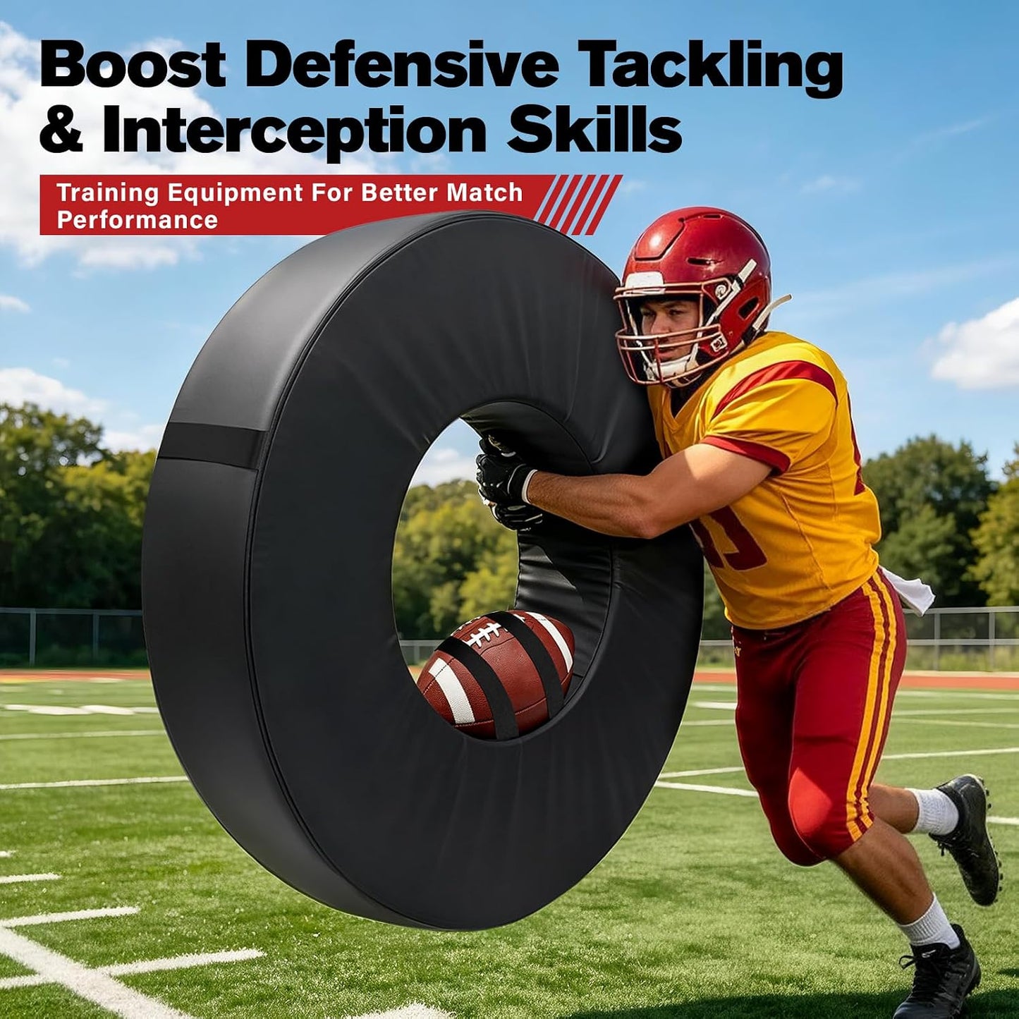 42 in Football Tackle Wheel with Heavy Duty PU Leather Cover | High-Density Foam Tackle Ring with Portable Handle Waterproof Tackling Dummy for Youth Practice Black