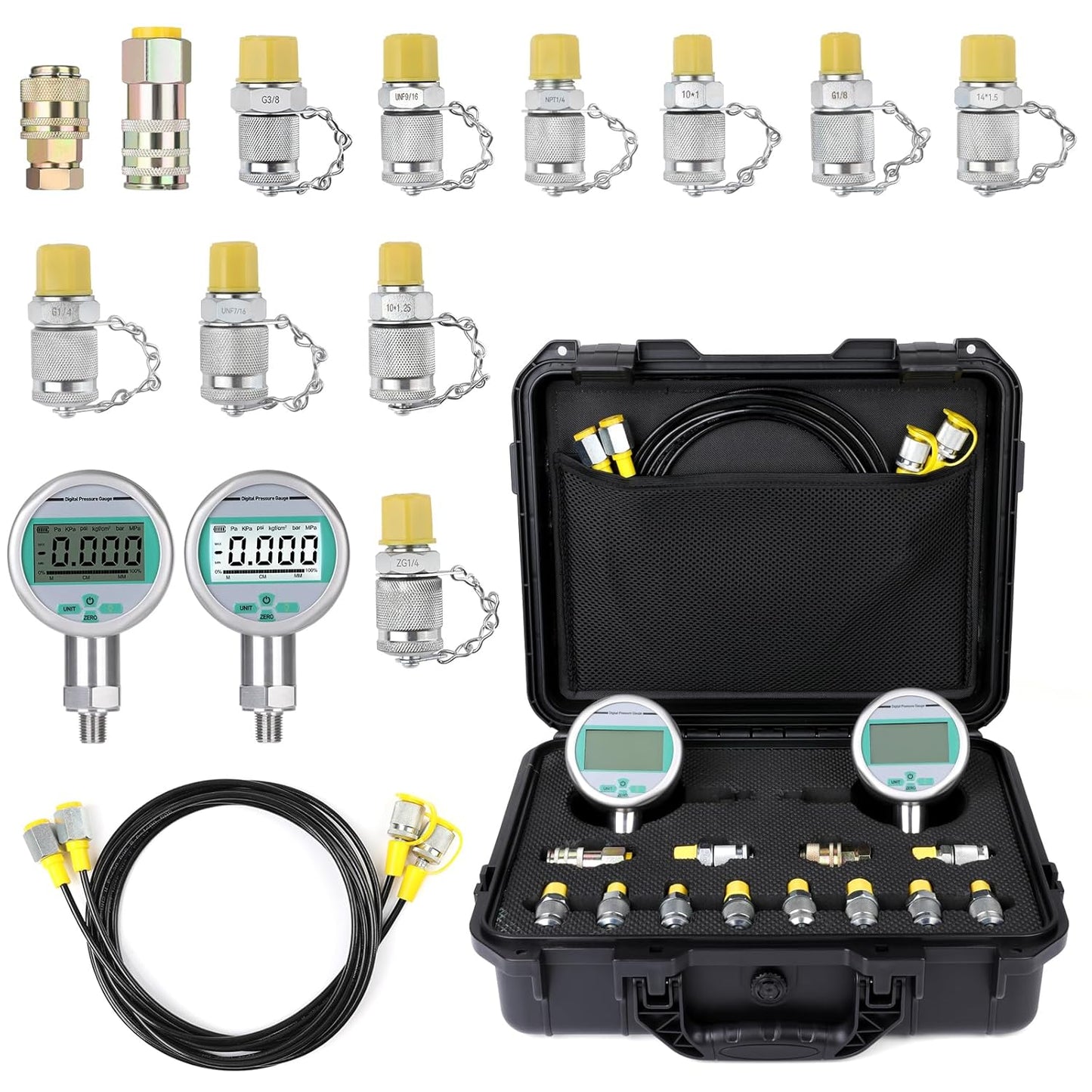 80M Digital Hydraulic Pressure Test Kit, Max 11603PSI/80Mpa 2 Digital Pressure Gauges, 10 Test Couplings, 2 Quick Connectors, 2 Long Test