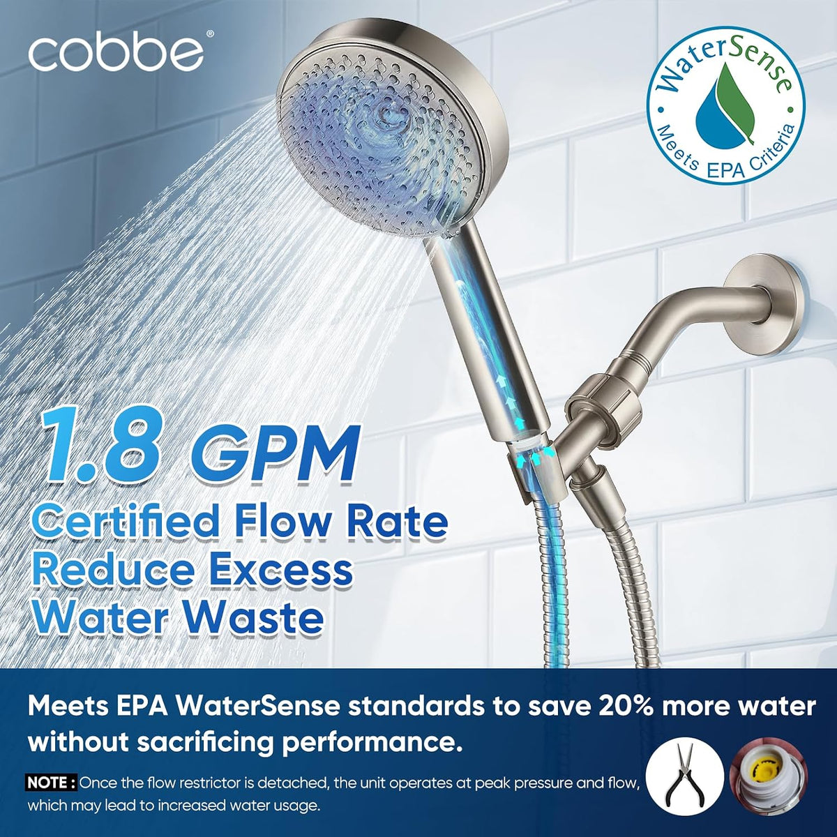 Cobbe® All Metal Handheld Shower Head, 3 Spray Settings, 1.8GPM
