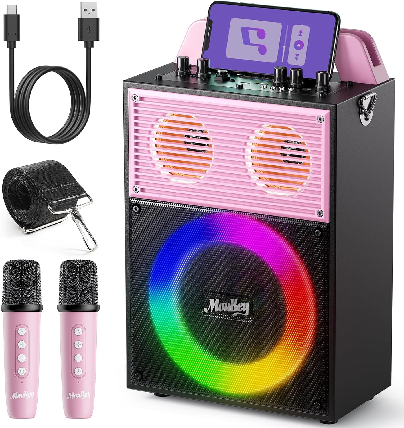 Moukey Karaoke Machine for Adults Kids Portable PA System Bluetooth Karaoke Speaker with 2 Wireless Microphones Party Speaker with Disco Light