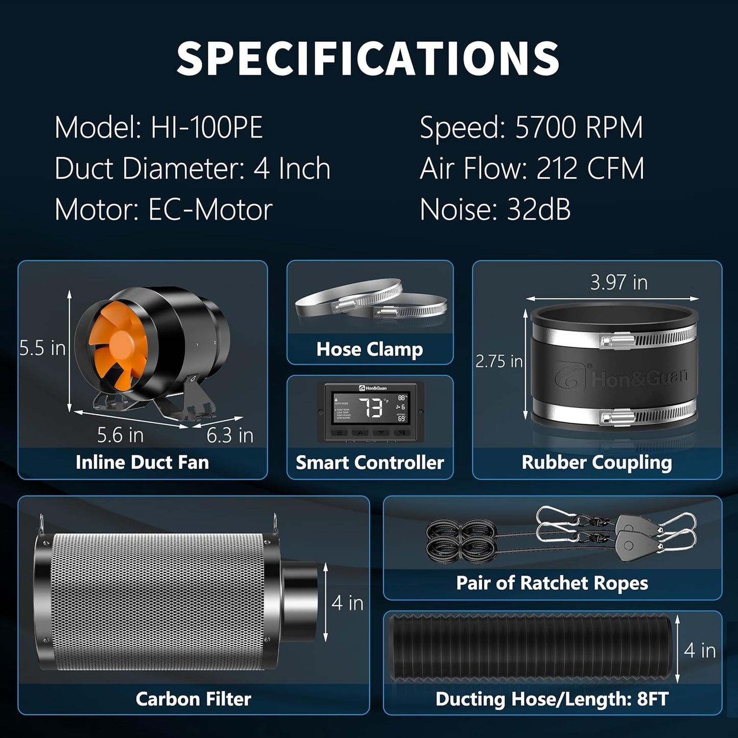 Hon&Guan 4 Inch 212 CFM Air Filtration Kit for Grow Tent Ventilation System, 4&#34; Inline Duct Fan with EC Motor, Smart Temperature Humidity