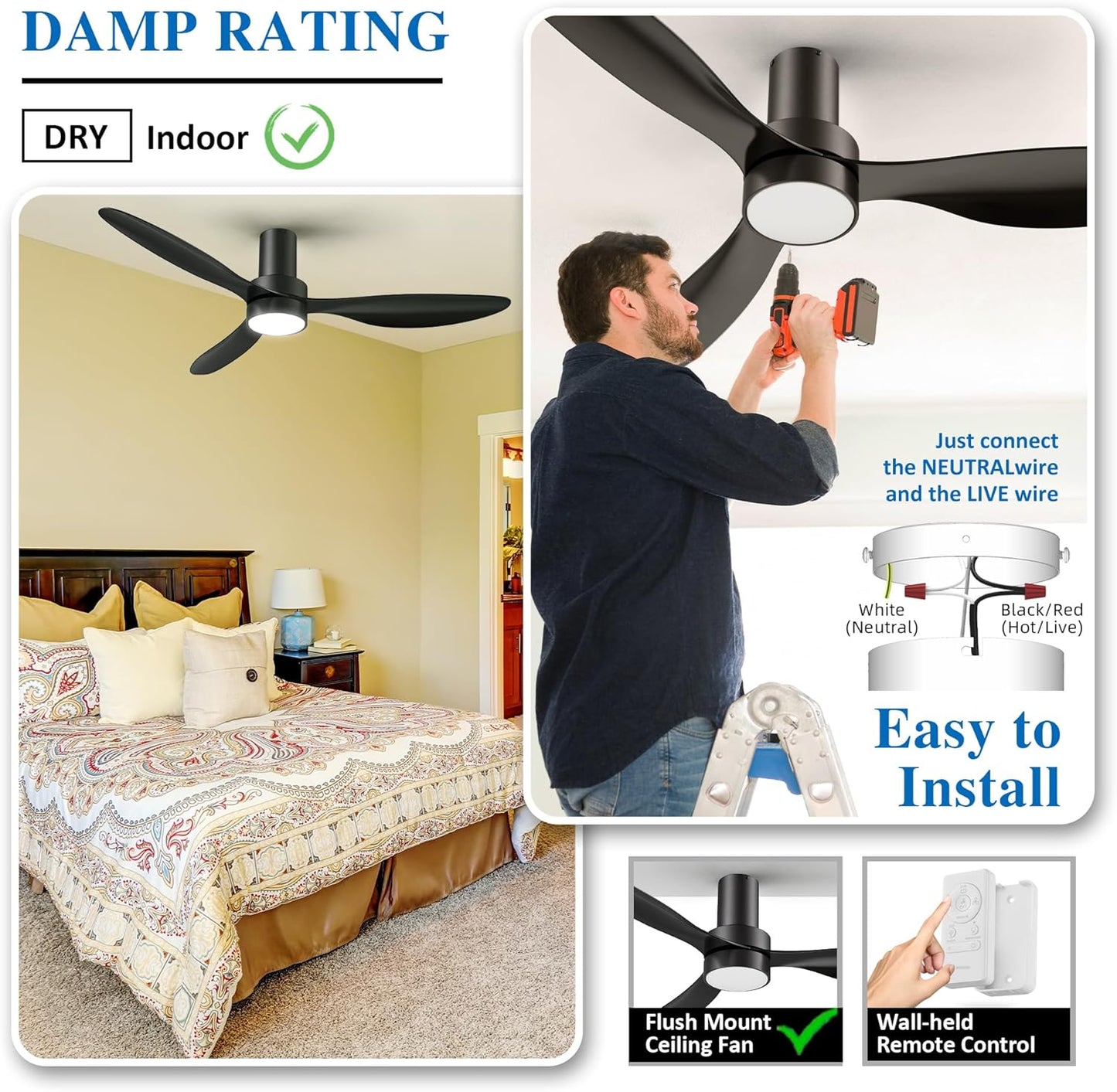 Carro 52 Inch Black Flush Mount Ceiling Fan With Lights And Remote, 10 Speeds Reversible DC Motor Ceiling Fan, Suitable for Any Indoor Space, Quiet