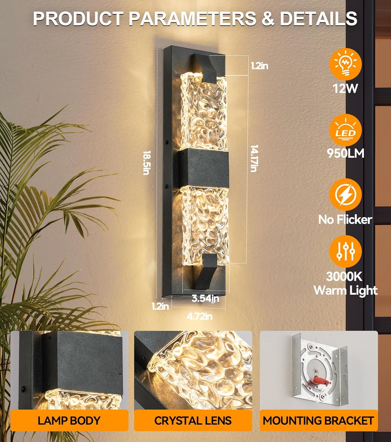 2 Pack Black Outdoor Wall Light 18.5" Dusk to Dawn Outdoor Lighting, Modern Crystal Ripple Porch Lights Outdoor Hardwired Non-Solar IP65 Waterproof Exterior Wall Sconce for House Garage Entryway Black 18.5IN (2 Pack)