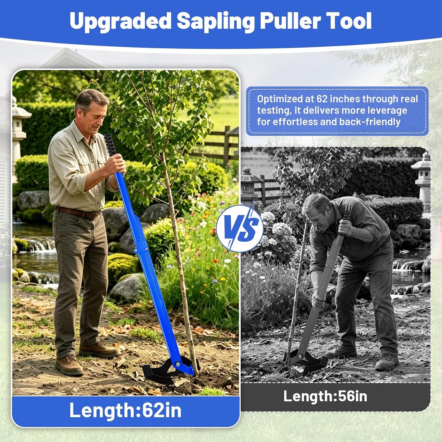62" H Heavy-Duty Tree Puller for ¼ to 2" Roots, Large Size Sapling Puller Fully Uproots Trees, Shrubs, Vines and Thorns, Fit for Garden, Farm, Forestry, Widened Working Surface, Foldable Design