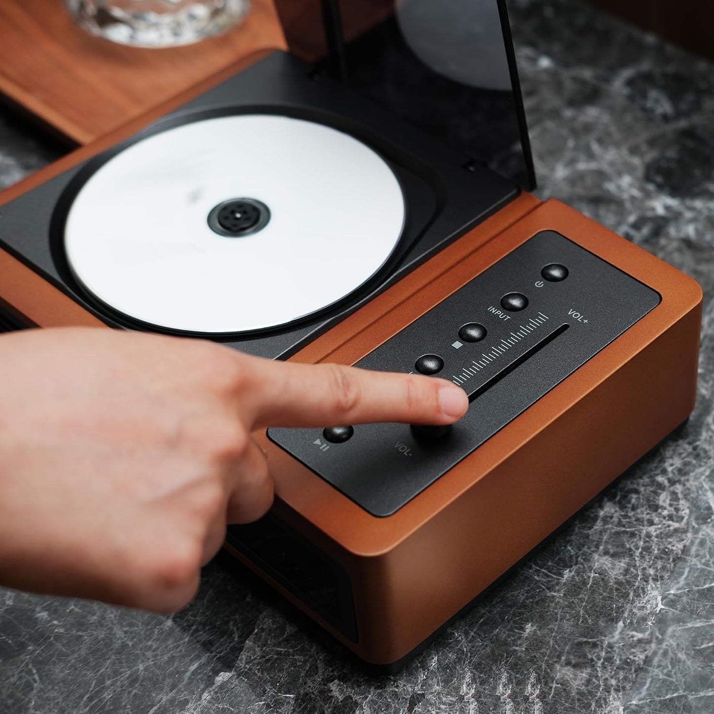 R02 Retro CD Player with FM Radio, Bluetooth 5.3 Transmitter & Receiver, Dual Stereo Speakers, Rechargeable Battery, USB/SD Playback, Home Audio System, Brown