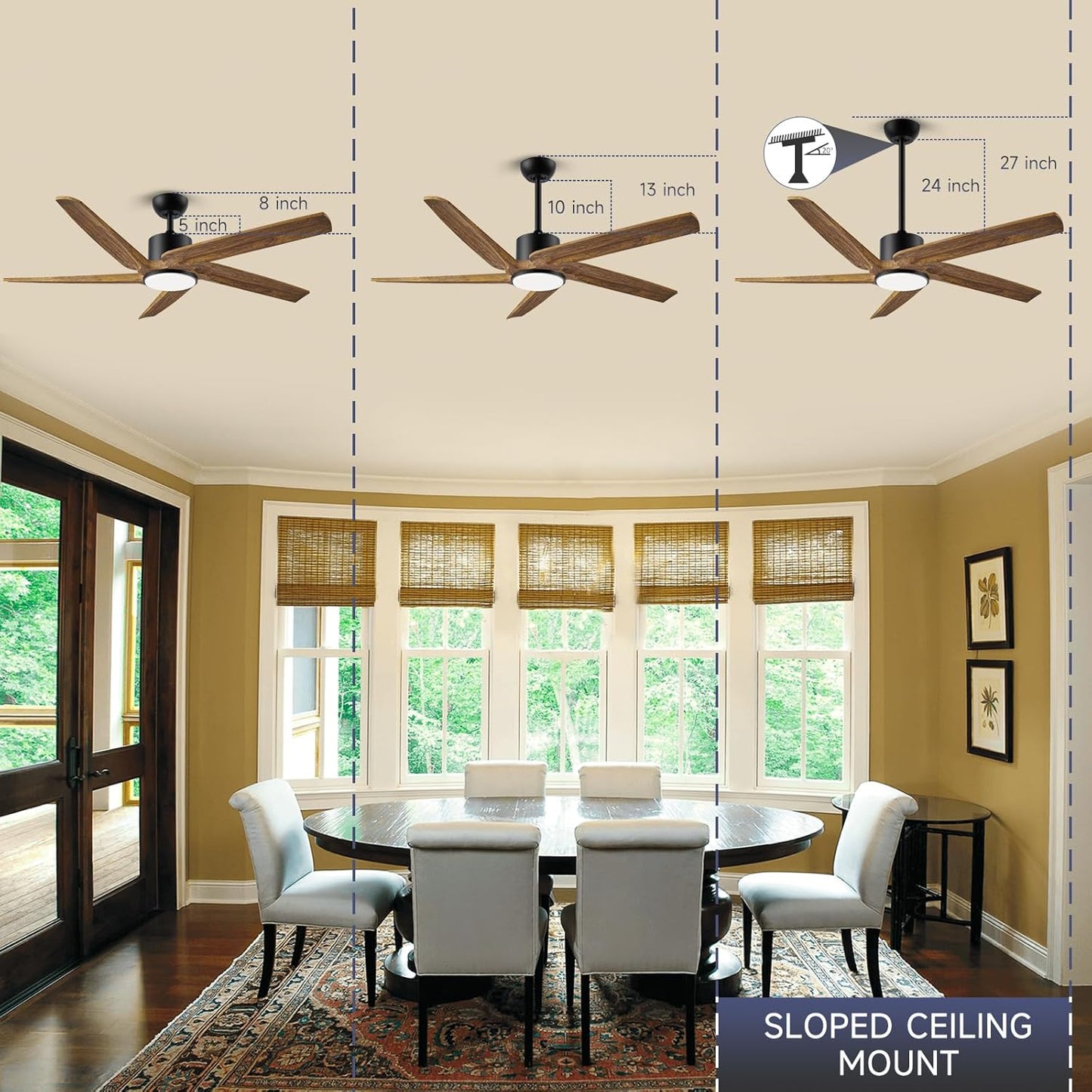 52 Inch DC Ceiling Fans with Lights and Remote, Outdoor Ceiling Fan for Patios Waterproof with Lights and 3 Downrods, High cfm 5 Blades Wood Modern