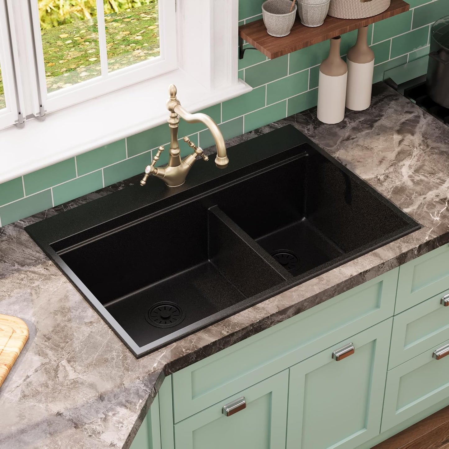 DeerValley Granite Composite Drop In Kitchen Sink - 33 x 22 inch Double Bowl Kitchen Sinks, Large Top Mount Kitchen Sink with Integrated Ledge, Matte