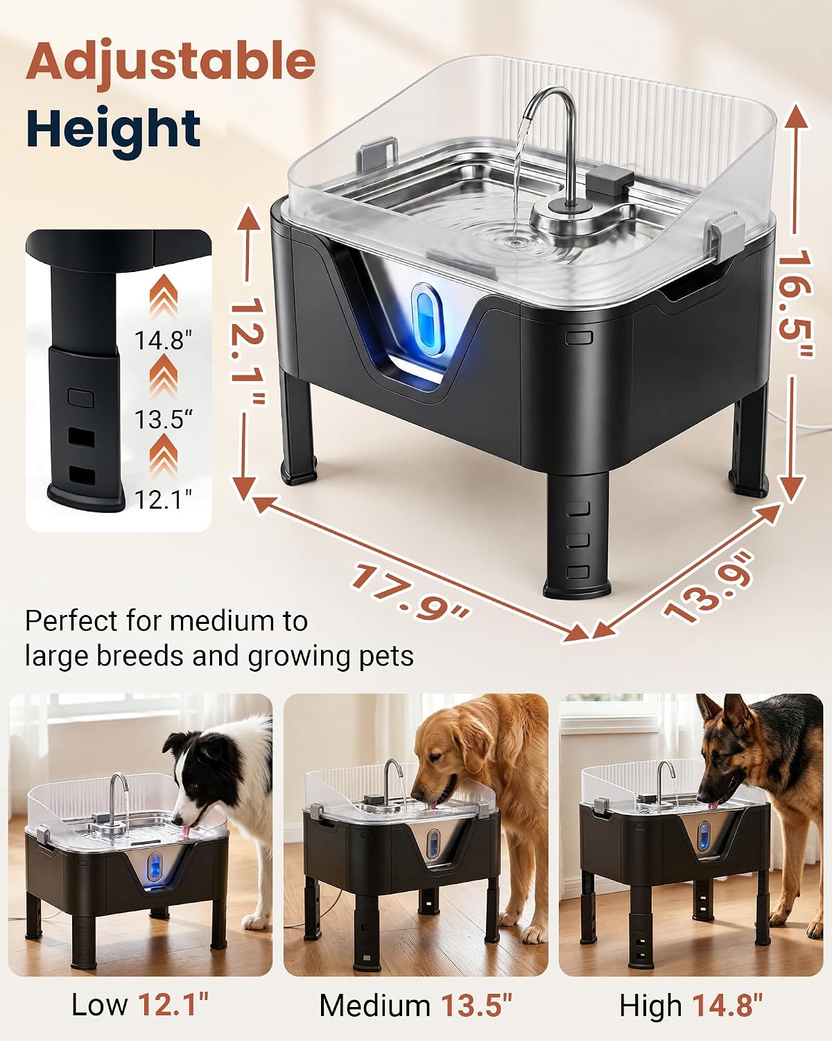 3.17 Gal Elevated Dog Water Fountain with Splash Guard, Cool Silver