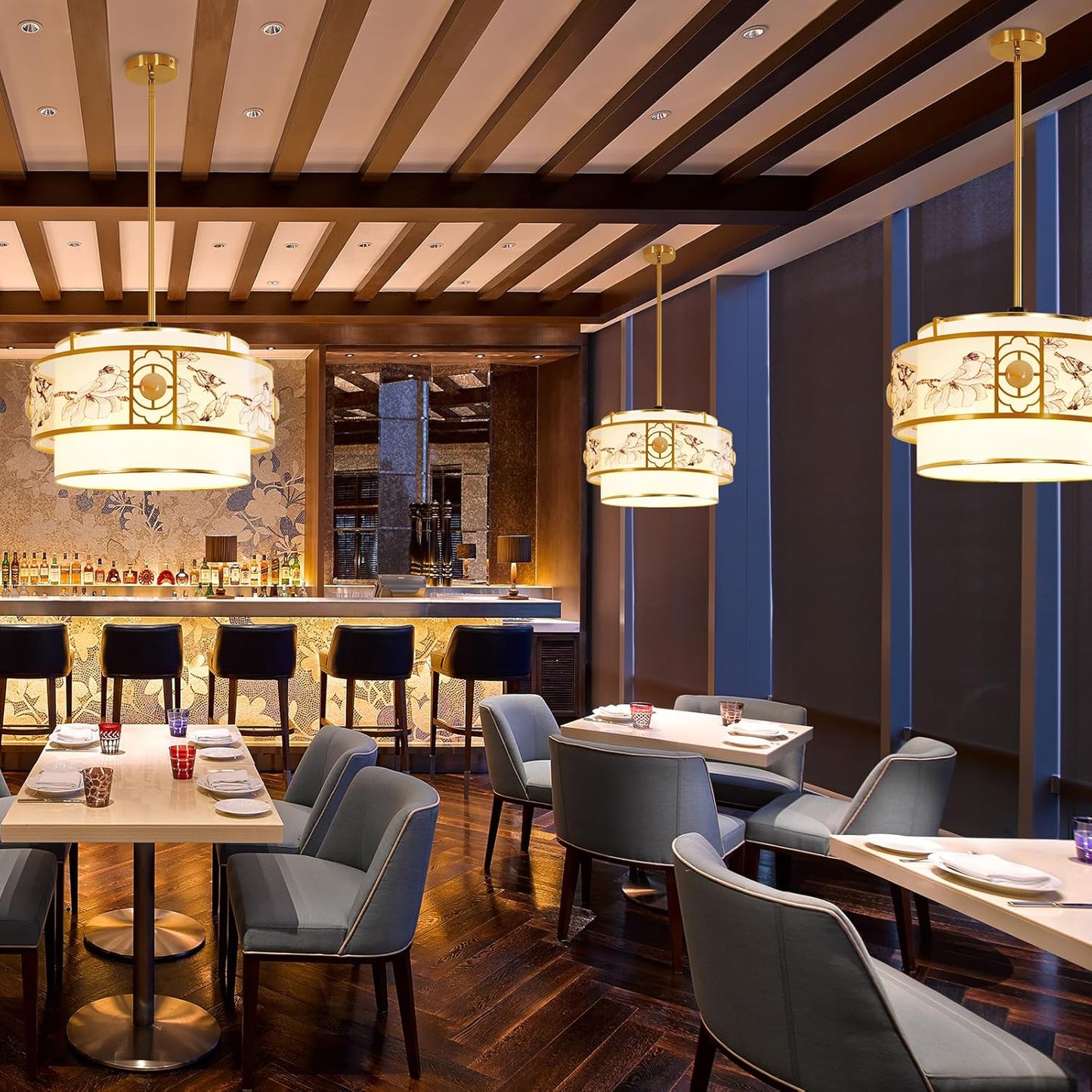 Modern Classic - Drum-Shaped Chandelier, 19.6-inch Round cage-Style lamp, with White and Gold finishes.