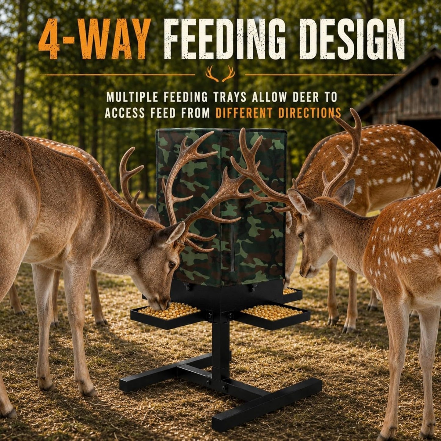 50 lbs Deer Feeder with 4 Feeding Tray, Gravity Deer Feeder with Adjustable Feed Outlet, View Window, Weatherproof Camo Cover, Metal Deer Feeders for Woodland, Farm, Ranch & Hunting Grounds