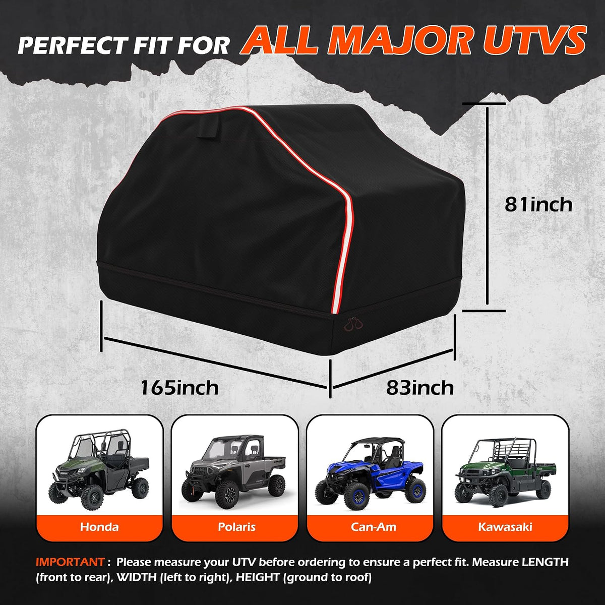 Full Enclosed UTV Cover, 420D Oxford with 600D Reinforced Bottom, Waterproof All-Weather Storage Cover for Most 4-6 Seat Mid-to-Large UTVs, 165"x83"x81"