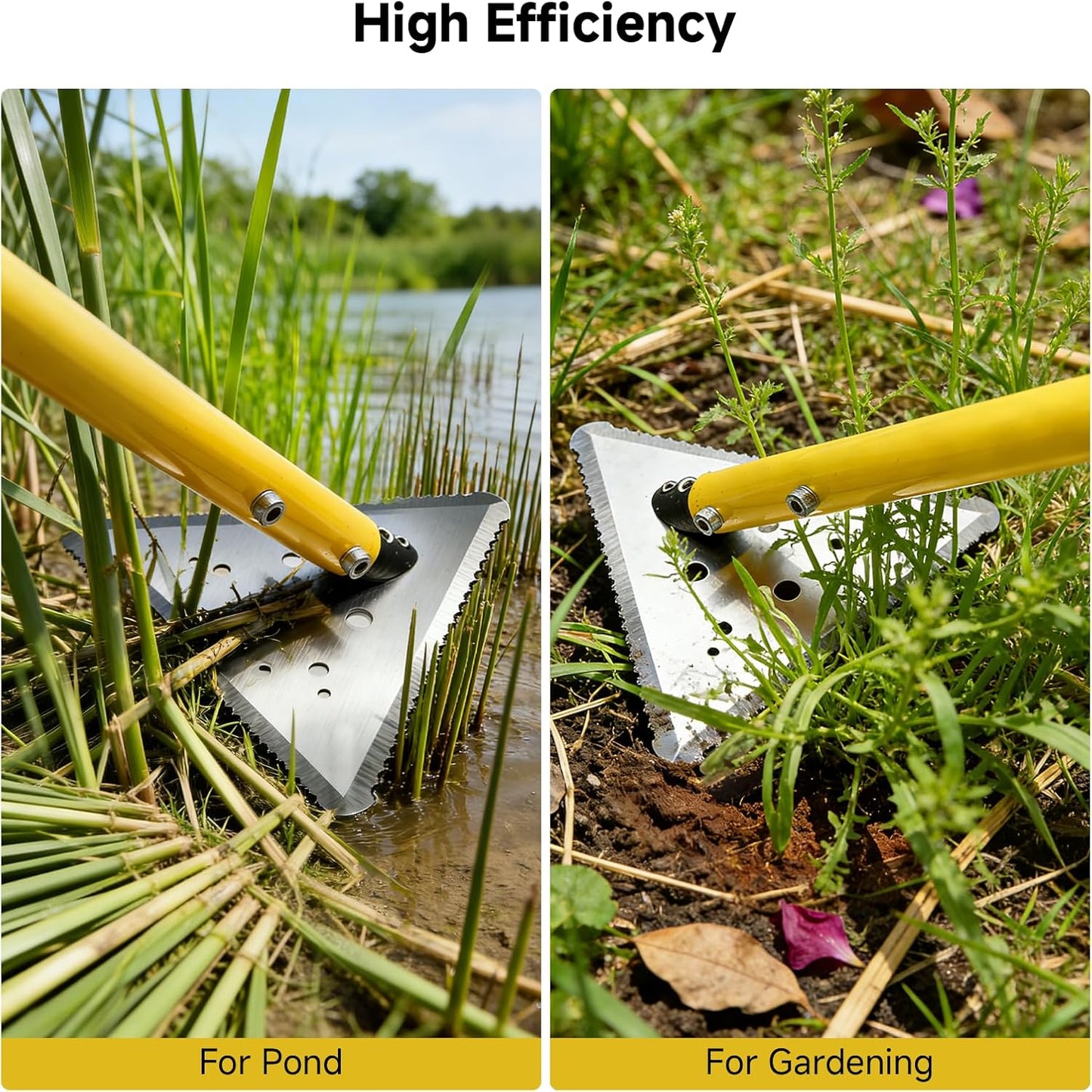 Pond Cattail/ Garden Weed Cutting Tool, Three-Sided Blade, Three Aluminum Poles, Yellow.