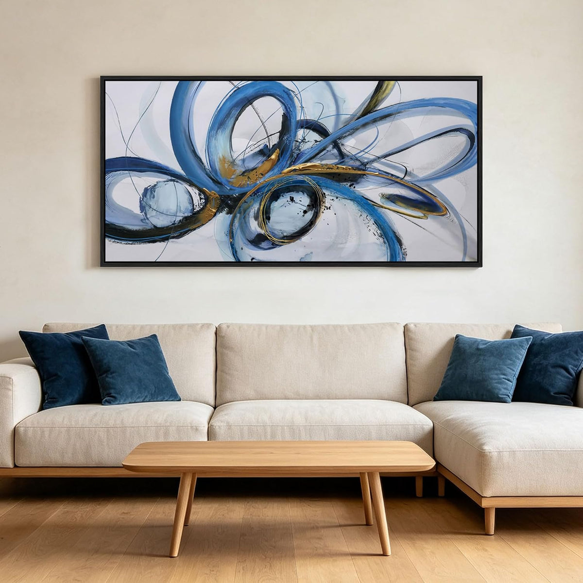 KLAKLA Blue Abstract Wall Art Black Framed Canvas Print 48x24 Inches Blue and White + Black Framed 48"L x 24"W