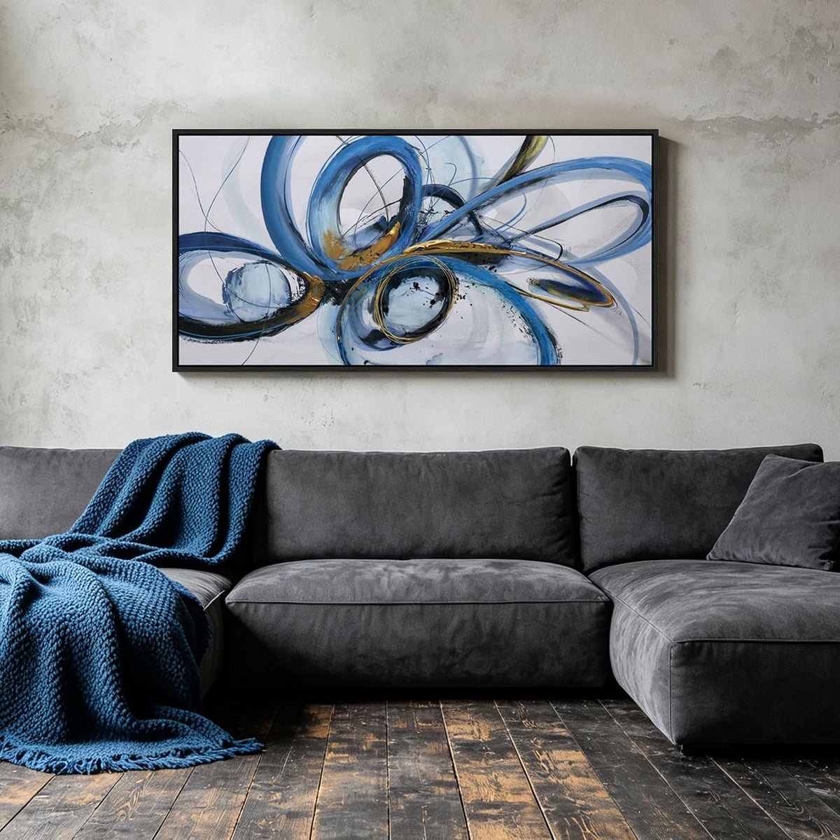 KLAKLA Blue Abstract Wall Art Black Framed Canvas Print 48x24 Inches Blue and White + Black Framed 48"L x 24"W