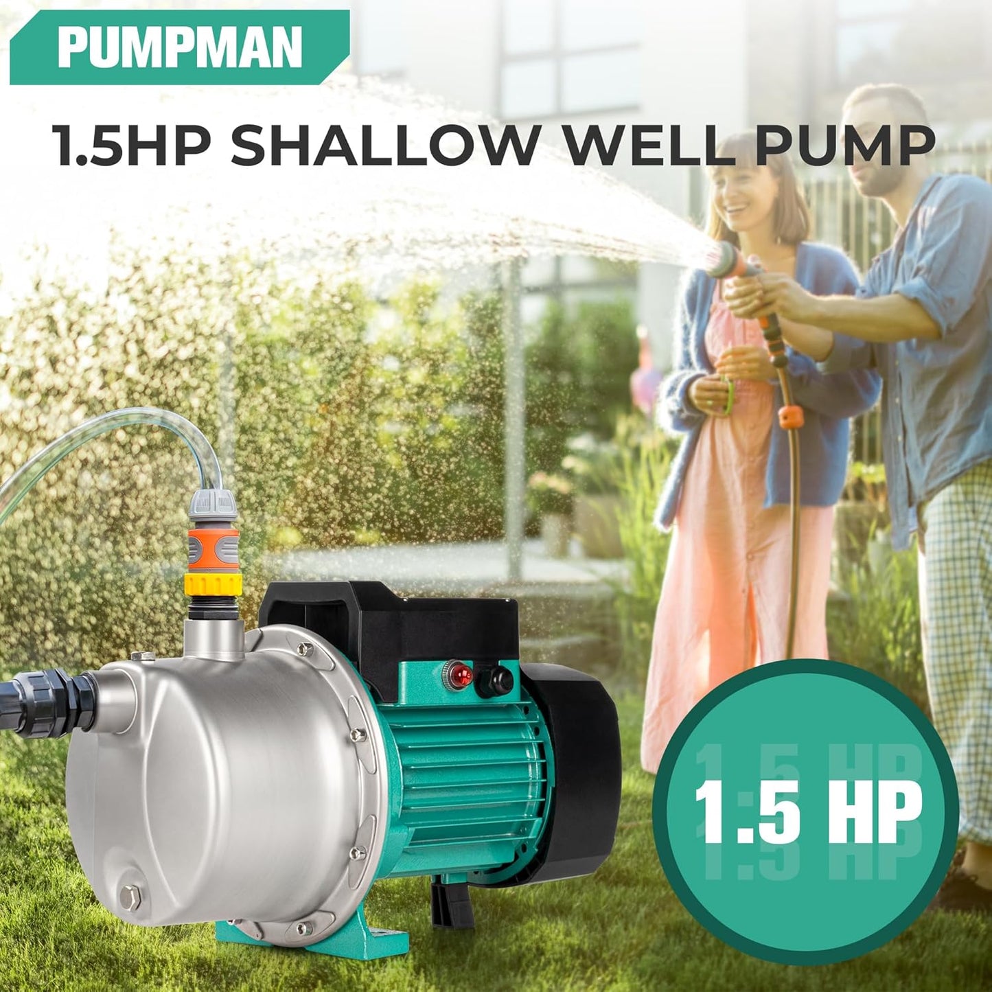 PUMPMAN 1.5HP Shallow Well Pump, 1100GPH Water Pump, 110V, Well Depth Up to 26ft, Portable Water Transfer Garden Pump, Versatile Pump for Draining