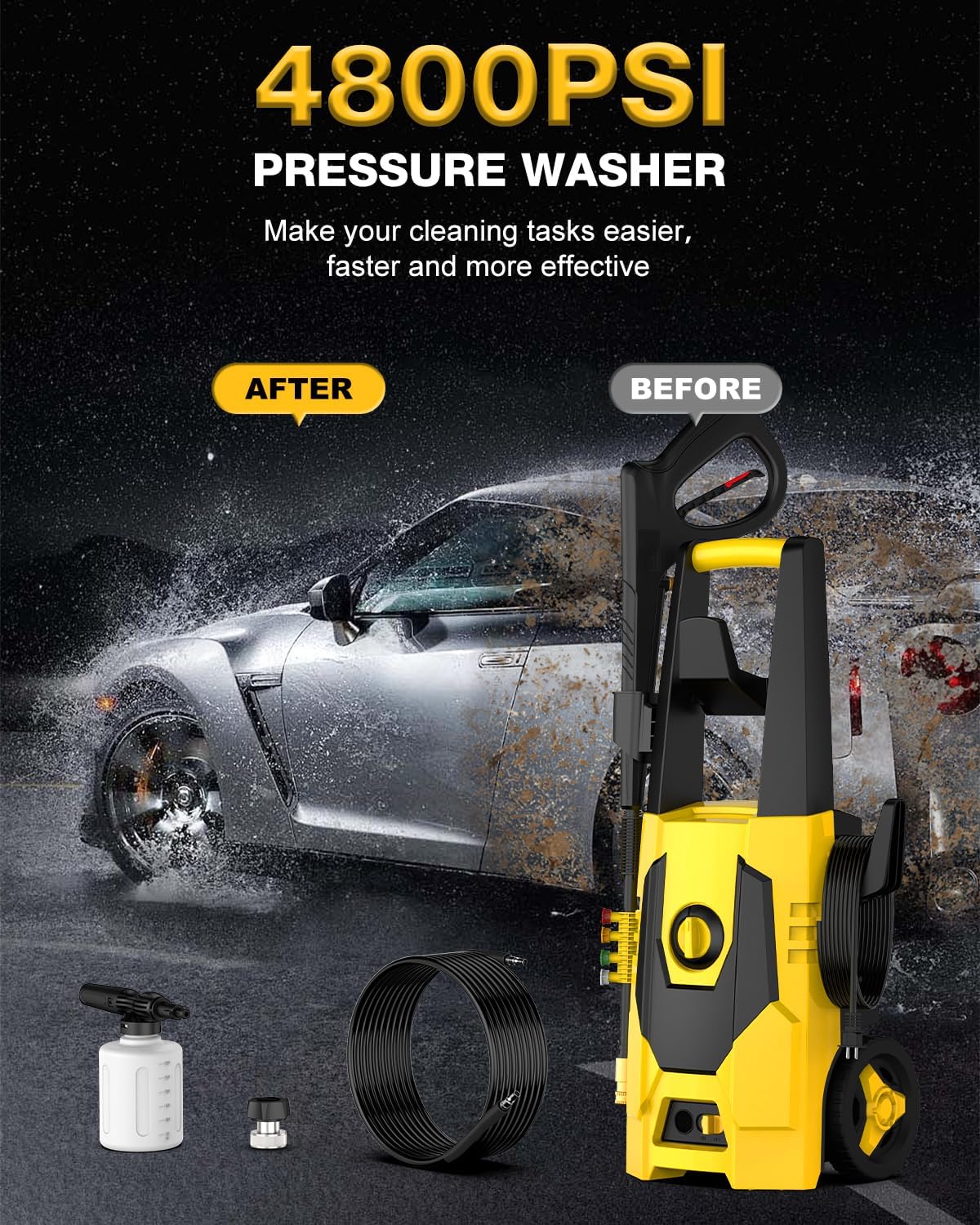 AgiiMan Electric Pressure Washer - 4800PSI Max 3.1 GPM Power Washer with 35FT Power Cord, 20FT Hose, Soap Tank, High Press