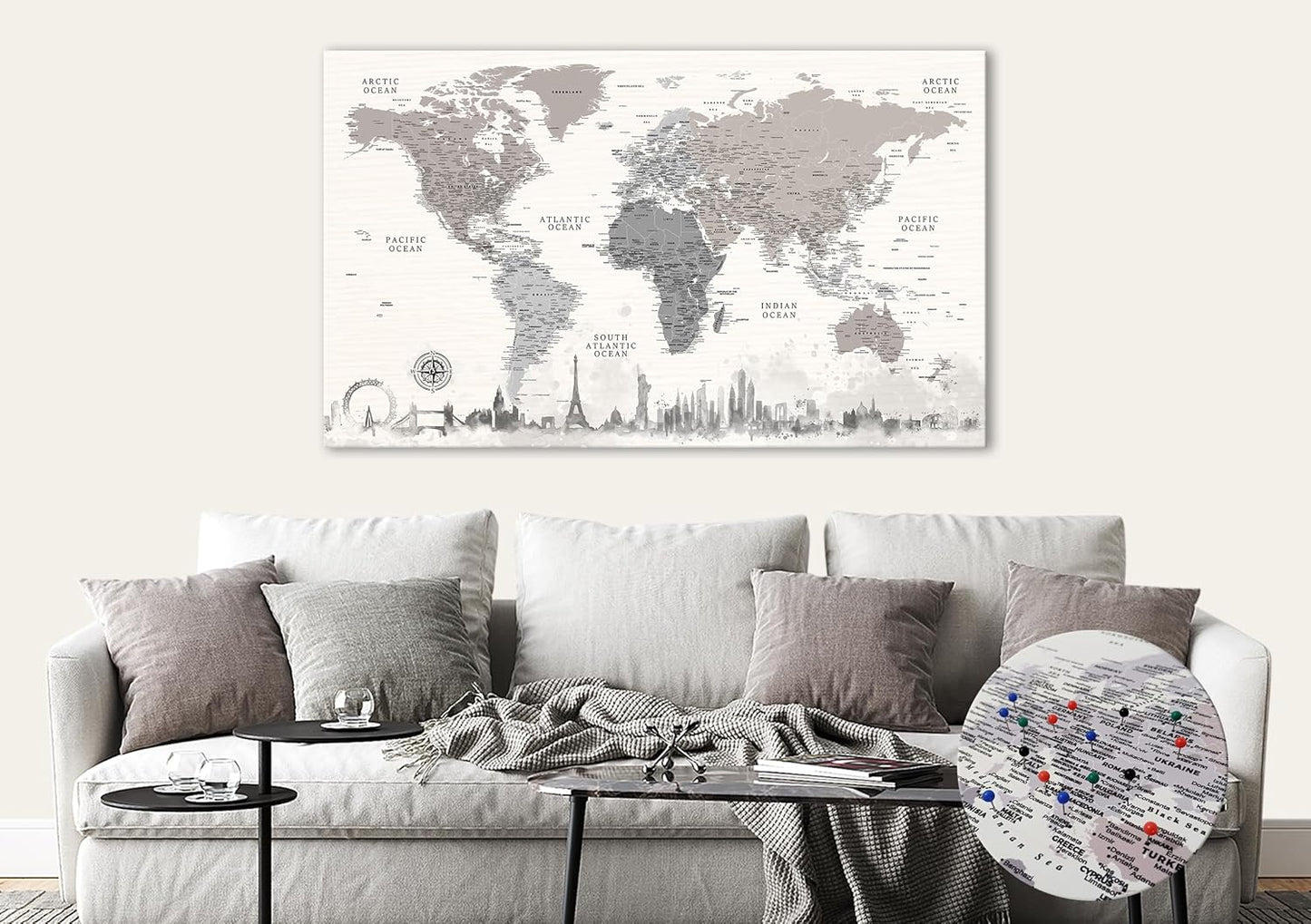 Monuments of The World Push Pin Map - 39'x23' Travel Map Canvas - Detailed World Map with Pins - Canvas Art Bay Wall Map - Travel Destinations