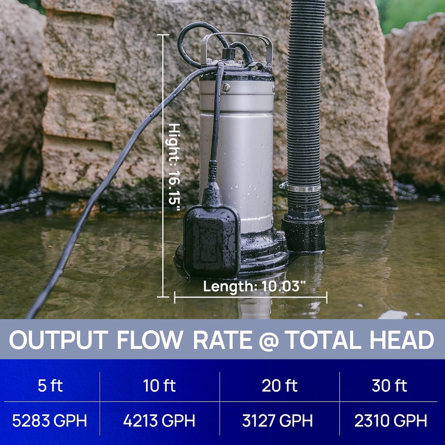 1HP Sewage Sump Pump - Submersible Effluent/Sewage Pump with Stainless Steel Build, 5250GPH, Tethered Float Switch