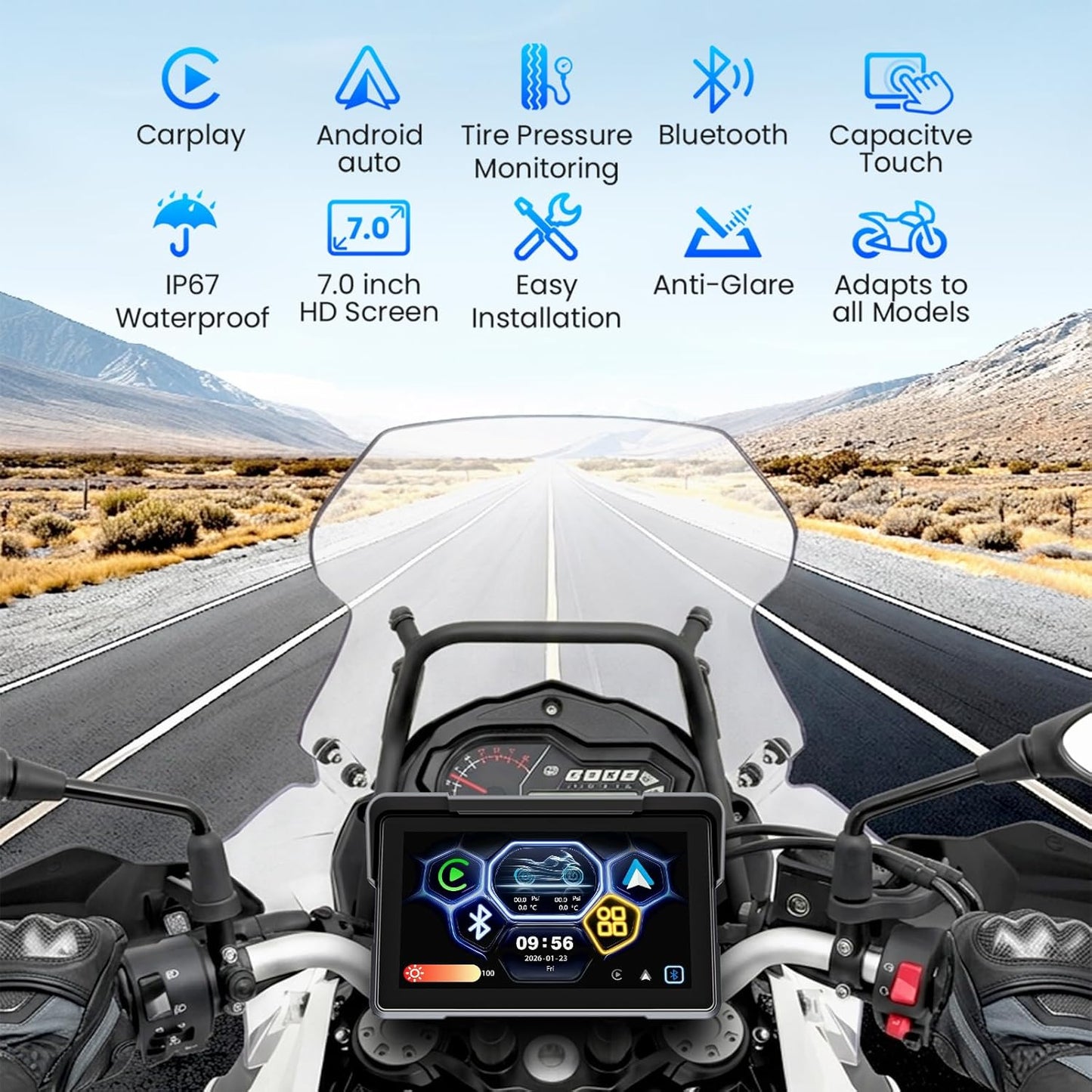7” Motorcycle CarPlay & Android Auto Display Portable Touch Screen, Support GPS Navigation Siri & Google Assistant, Bluetooth 5.2/ Voice Control/ IP67K Waterproof Anti-Glare Design