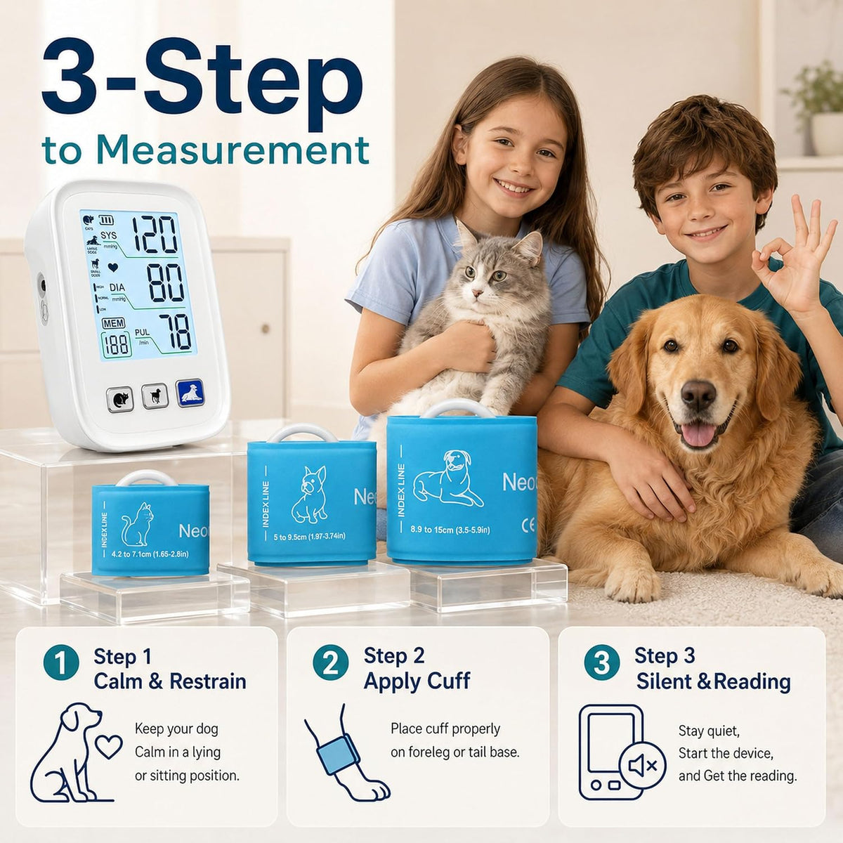 Dog & Cat Blood Pressure Monitor, Automatic Digital Pet BP Machine with Large LCD Backlight Display, 3 Size Adjustable Cuffs, 3×199 Data Memory