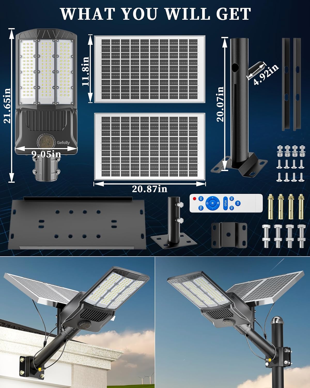 Gefolly SL-5000W Solar Street Lights Outdoor, 500000LM Commercial Parking Lot Light Dusk to Dawn IP67 Waterproof 6500K Solar Security Flood Lights