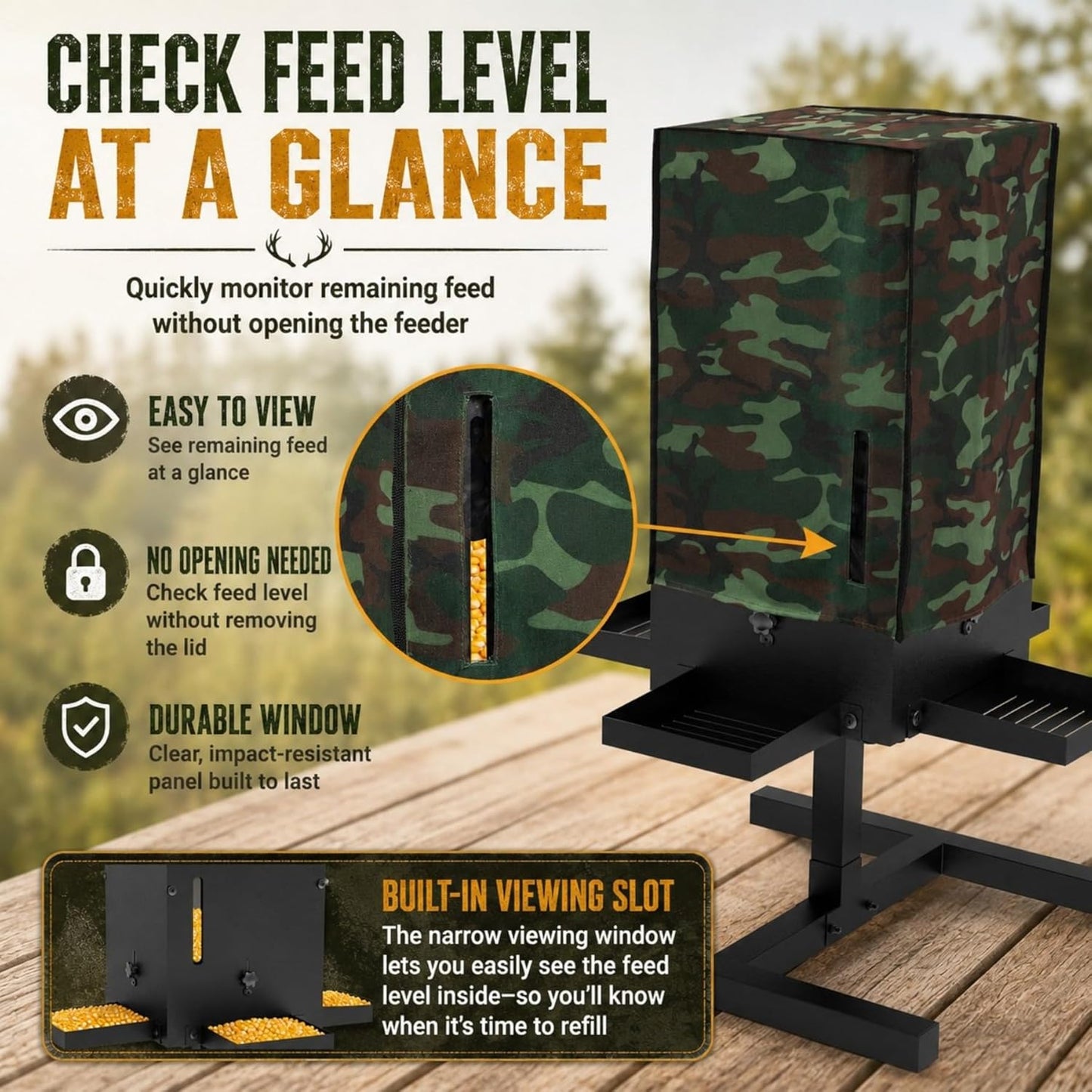 50 lbs Deer Feeder with 4 Feeding Tray, Gravity Deer Feeder with Adjustable Feed Outlet, View Window, Weatherproof Camo Cover, Metal Deer Feeders for Woodland, Farm, Ranch & Hunting Grounds
