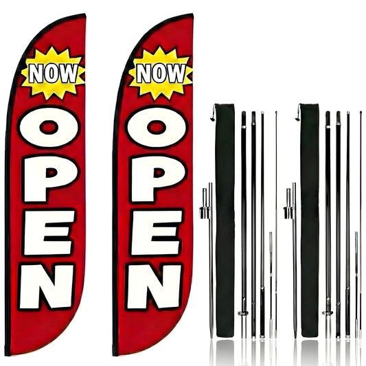 Feather Flag Pole Kit 15ft Tall 2 Pack with 12ft Tall Now Open Flags Feather Banner Advertising Open Flags for Business Grand Opening Signs Fiberglass Swooper Flag Poles with Heavy Duty Ground Spikes