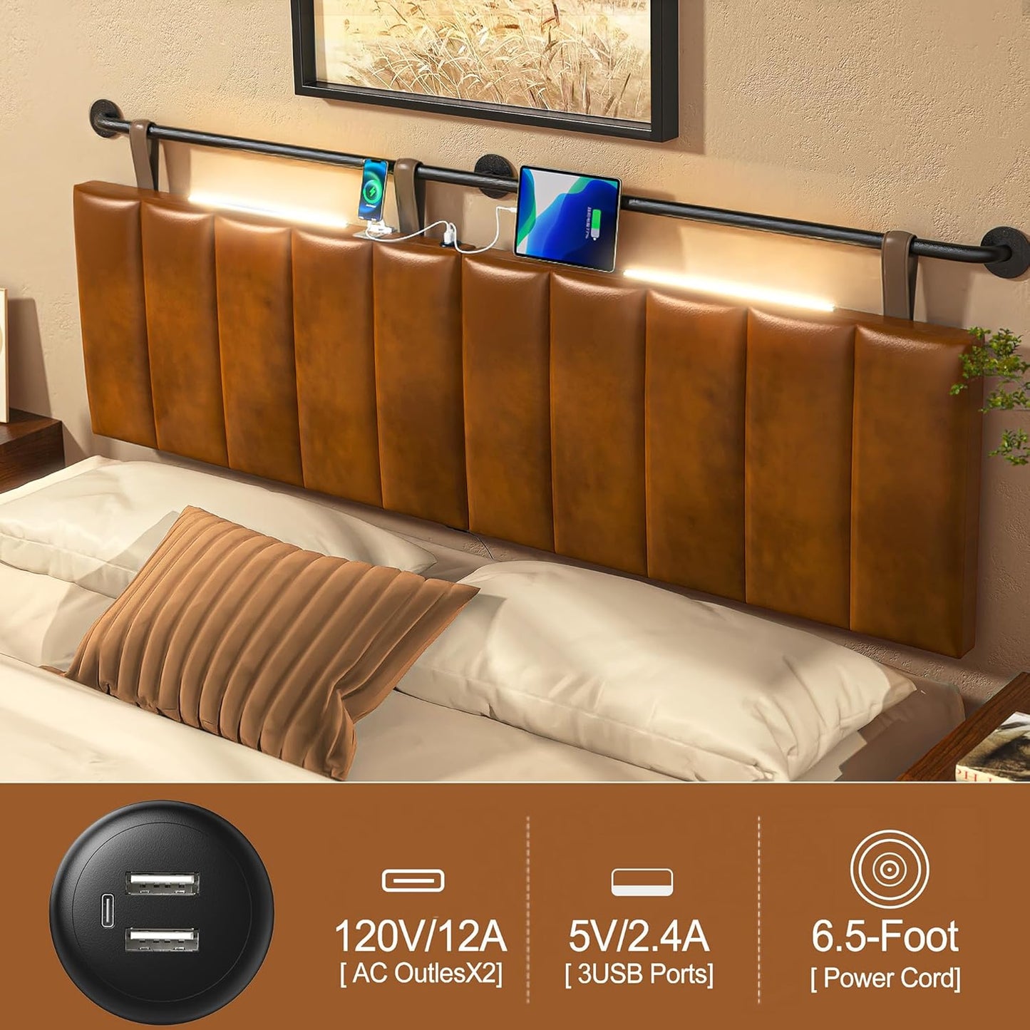 BSHOMGI Headboards, Wall Mounted King Size Headboard with USB & Type-C Ports Bed Headboard with LED Lights, Fabric