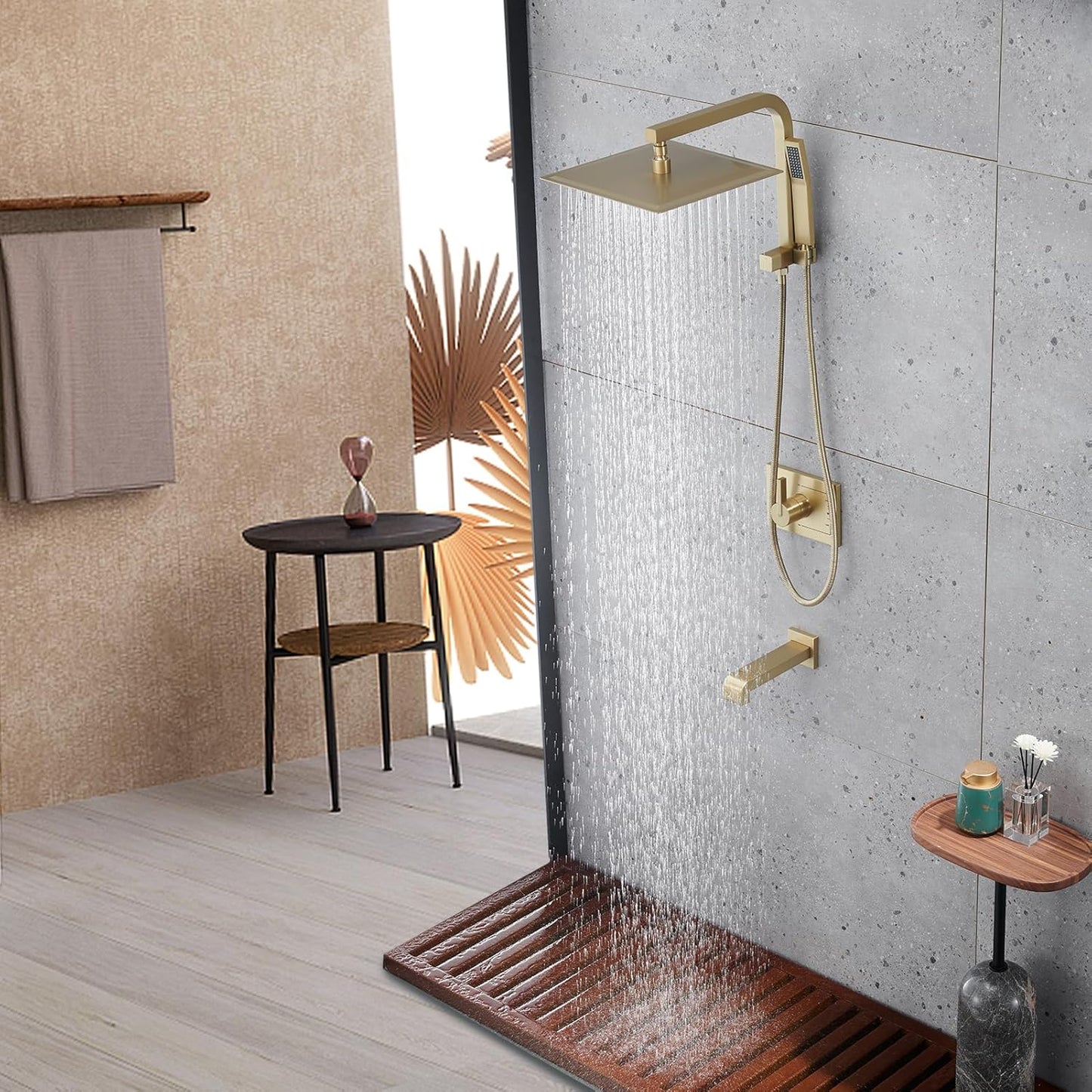 Gold Shower Faucet Set with 12 Inch Gold Shower Heads with Handheld Spray Combo and Tub Spout and Valve