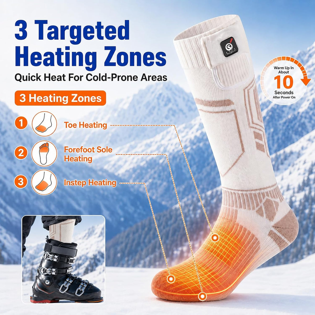 SUN WILL Heated Socks for Men and Women, USB Rechargeable, 3 Heat Levels White X-Large