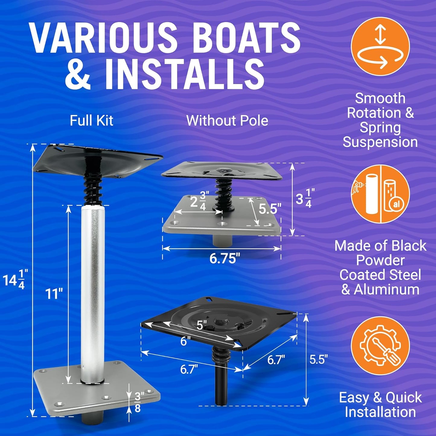 Boat Pedestal Seat Package 3 Piece Kit Boat Seat and Pedestal Combo with Boat Seat Mount for Deck Boat Seat Swivel Base Pla