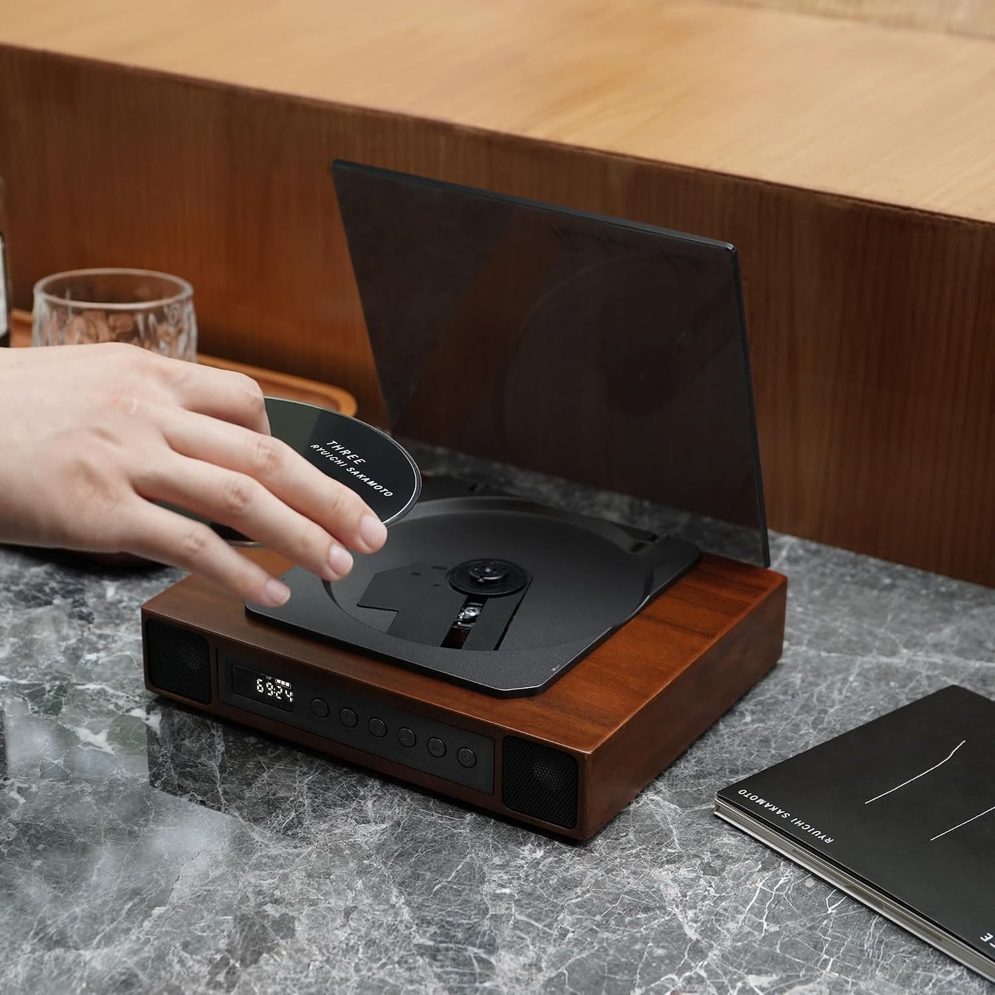 K10 Wooden Retro CD Player for Home, Bluetooth CD Player with Dual Speakers & Deep Bass Sound, Rechargeable Portable Music Player with AUX & Optical Output, Remote Control, Vintage Home Audio