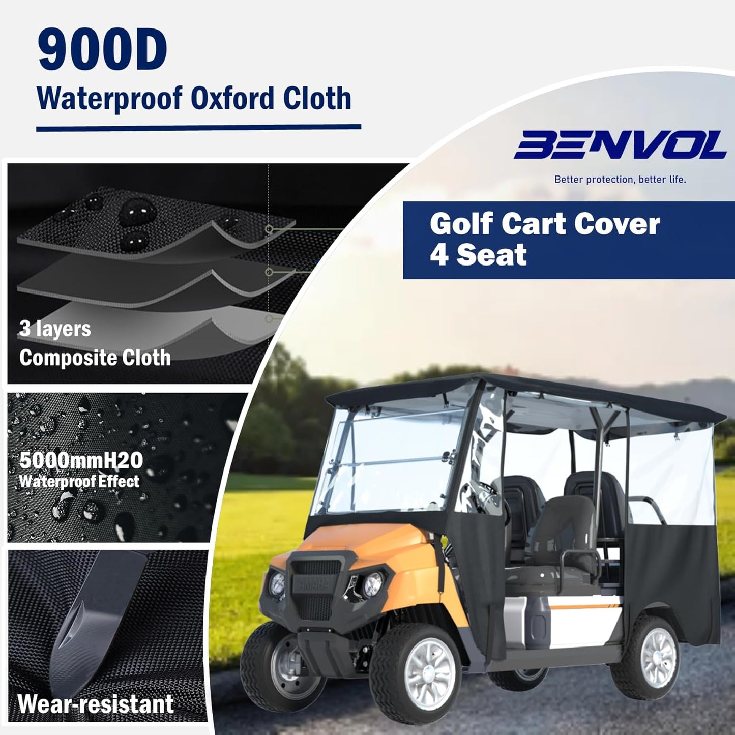 BENVOL Golf Cart Enclosure 4 Passenger –Roof Up to 78", Heavy Duty 900D Waterproof Rain Cover,0.5mm Clear PVC, Fits Club Car Precedent/Onward/Tempo, EZGO & Yamaha, Winter Windprood Cover 4seat-black