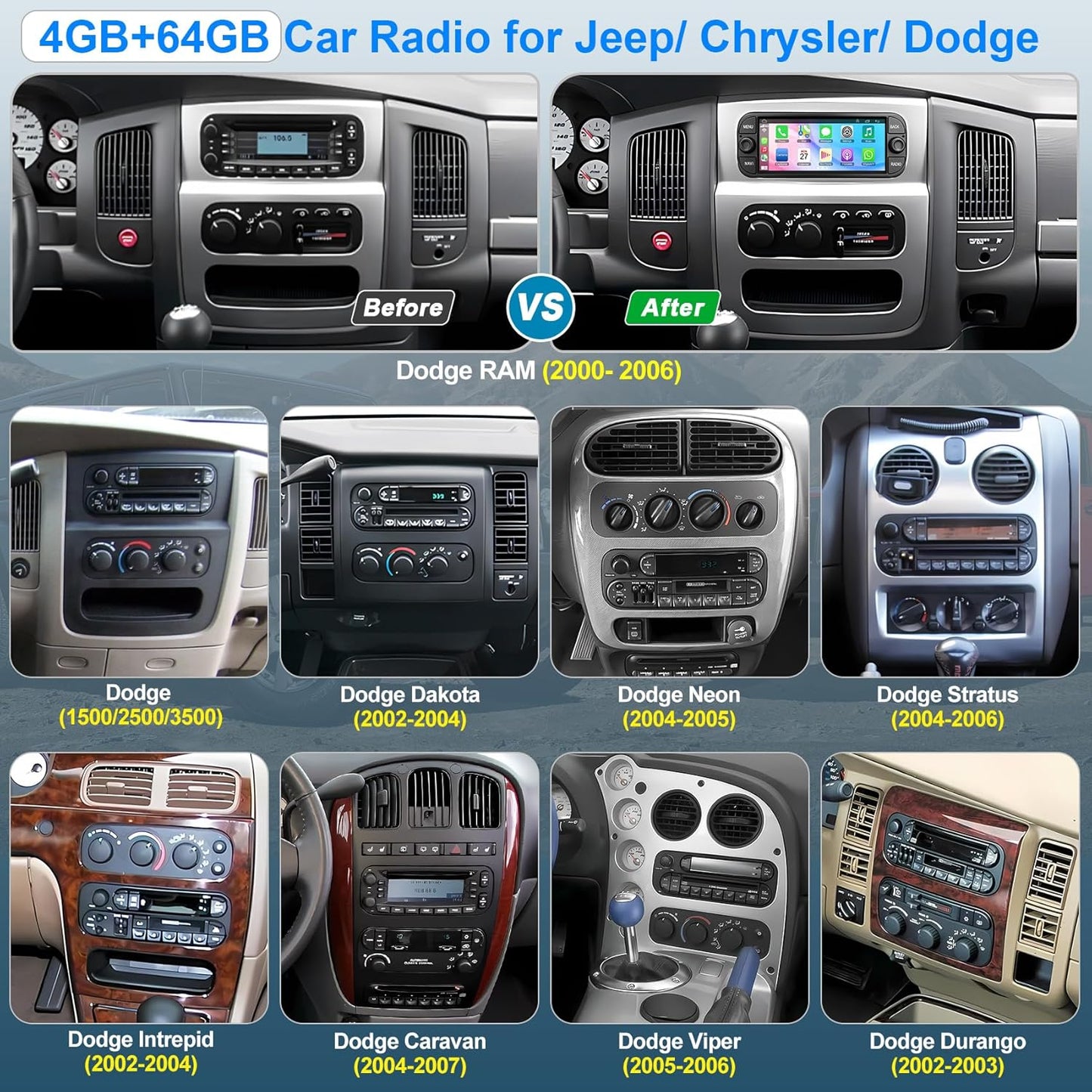 Car Radio Stereo for Dodge RAM 1500 2002-2006,for Jeep Wrangler 2003-2006, for Jeep Grand Cherokee 1999-2004,6.8" QLED Touchscreen with Wireless CarPlay & Android Auto,4G+64GB Android 13 System For Dodge Ram 2002-2006
