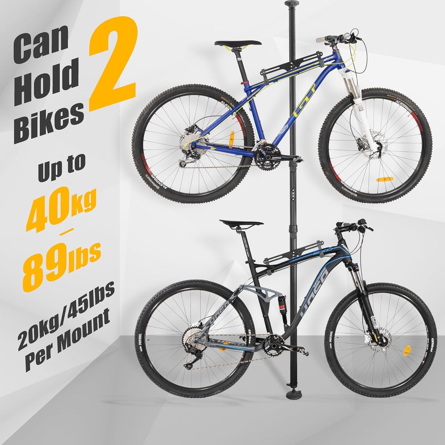 Floor to Ceiling 2 Bike Storage Stand - Dual Hanger Gravity Hook Parking Rack Pole Stand for Storing Bicycles in Garages or Apartments - Height up to