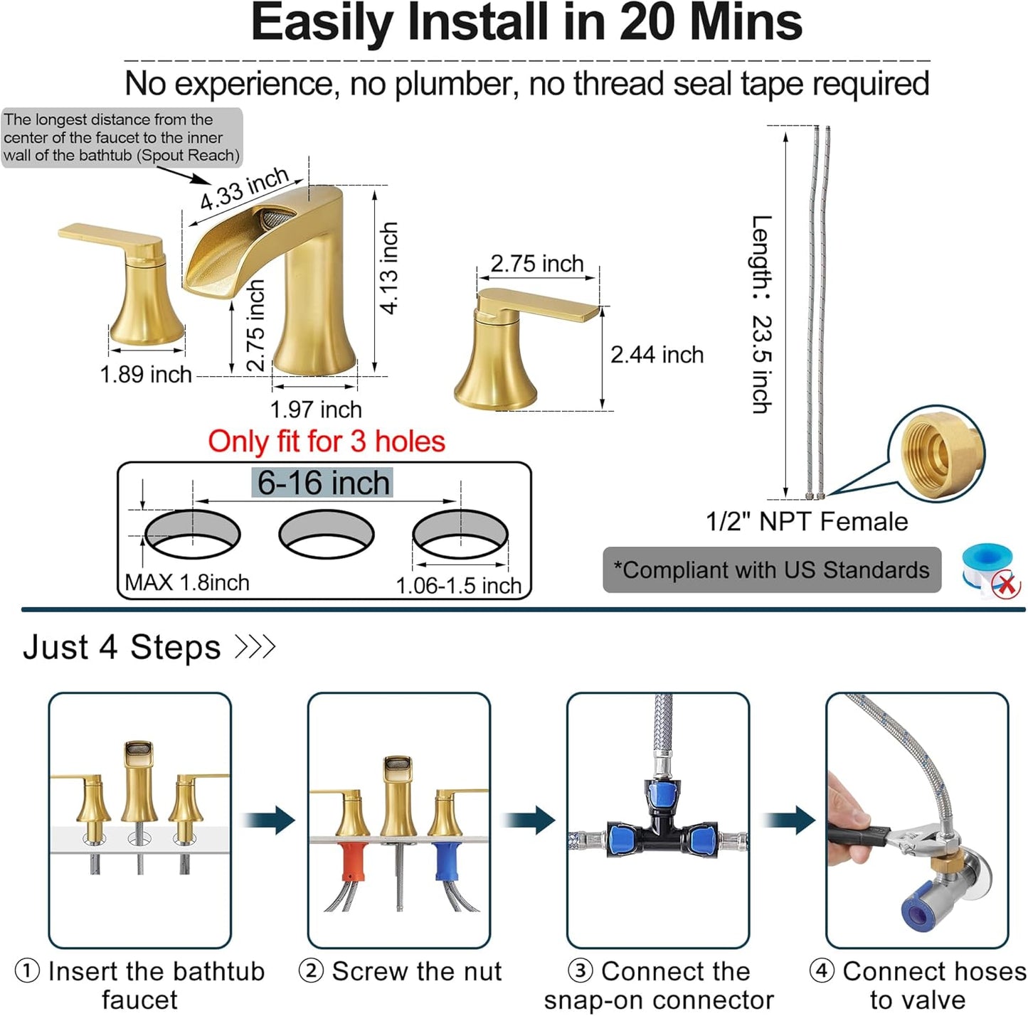 Brushed Gold Bathtub Faucet, Brass Waterfall Roman Tub Faucet 6-16 Inch Deck Mount 3 Hole Bathtub Faucets, High Flow