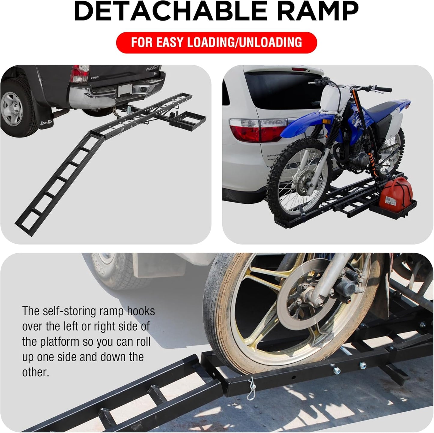 Motorcycle Carrier, 500 LBS Capacity, Heavy Duty Hitch-Mounted Dirt Bike Rack with Ramp and Gas Can Holder